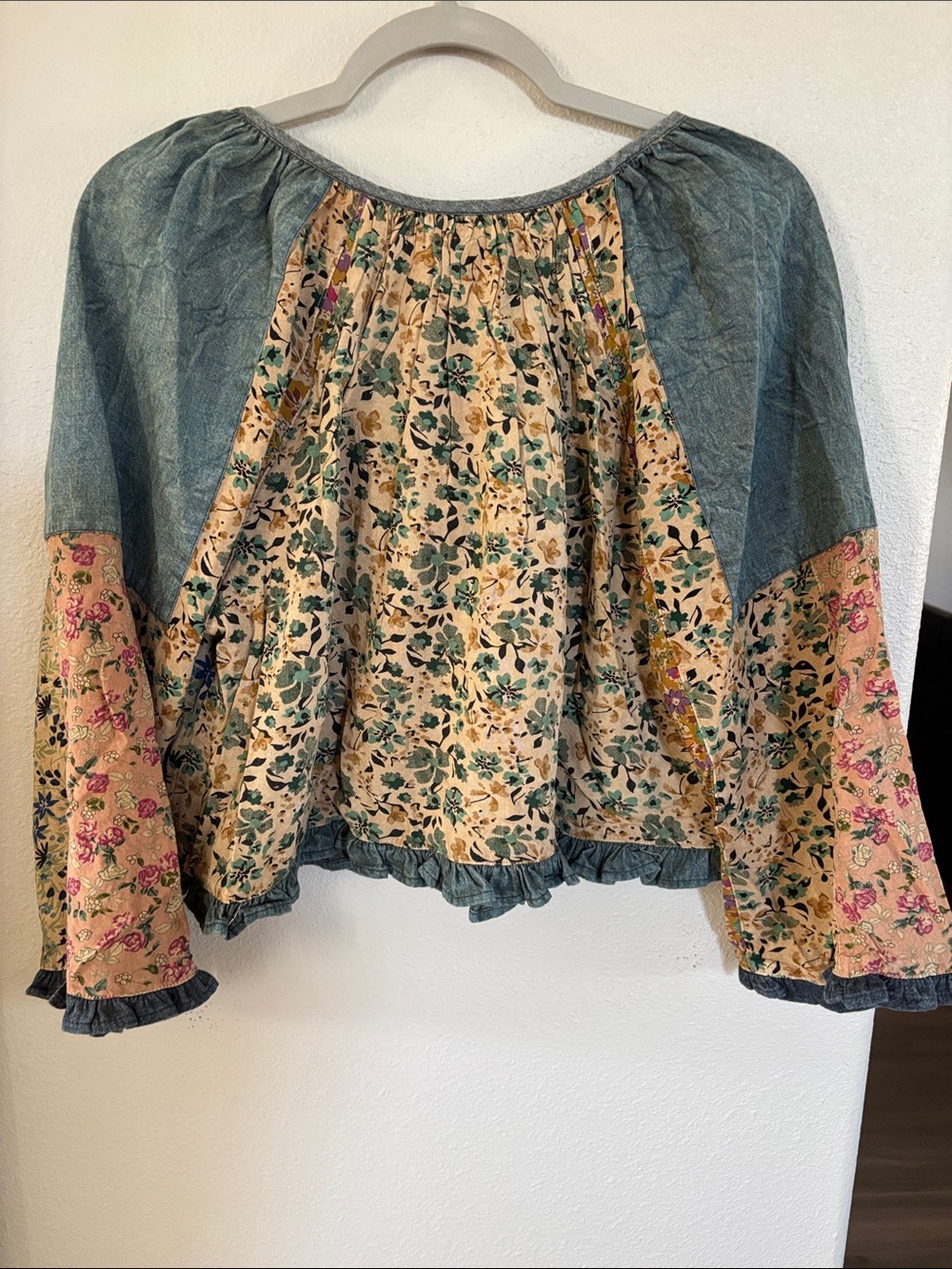 Patchwork Floral Tie-Front Crop Top in Cream, Blue and Pink - Picture 8 of 10